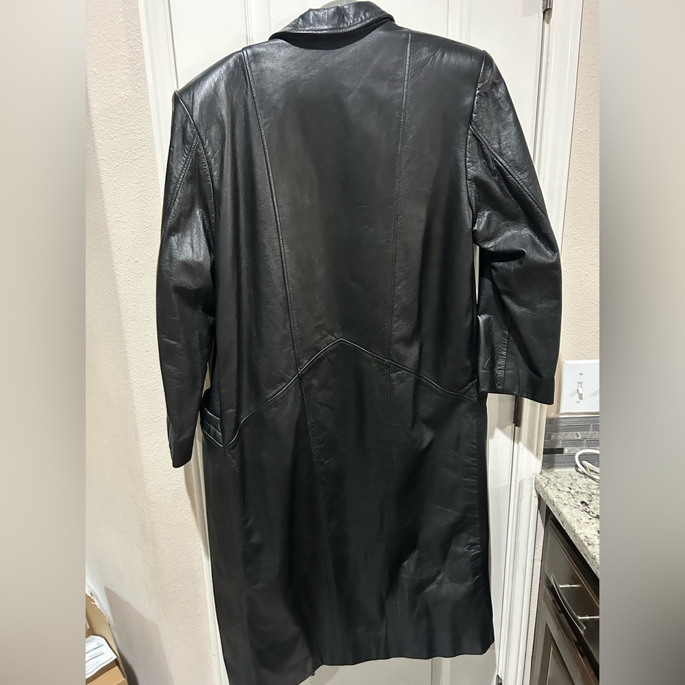 Architect Black Y2K Trench Coat Leather Matrix Shoulder Pads Sz Small Unisex - Picture 6 of 6